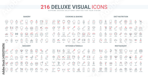 Baking and cooking tools, bakery and food of grocery shop basket, diet line icon set. Celebration in restaurant, chefs kitchen equipment thin black and red outline symbols vector illustration
