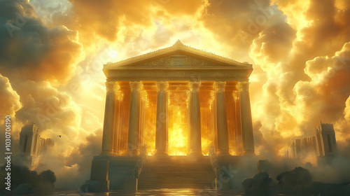 Majestic temple illuminated by golden light amidst dramatic clouds.