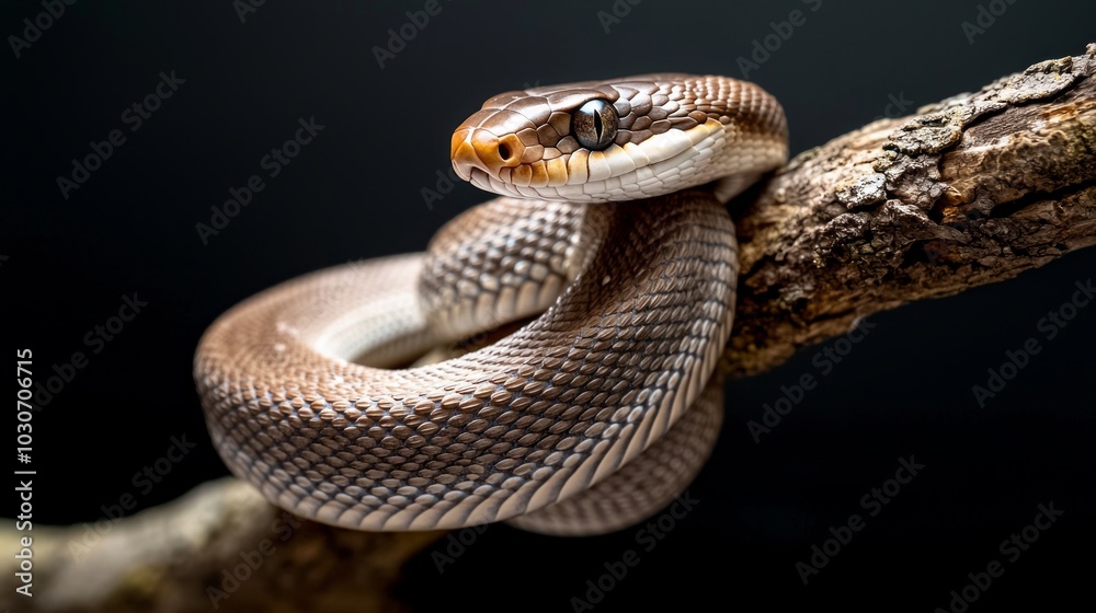 A snake coiled on a branch with detailed scales, isolated against a dark background. A snake coiled on a branch with detailed scales, isolated against a dark background.
