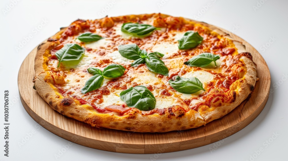 Classic Margherita pizza with fresh basil and mozzarella, elegantly displayed on a wooden plate isolated on a clean white background Classic Margherita pizza with fresh basil and mozzarella, elegantly displayed on a wooden plate isolated on a clean white background