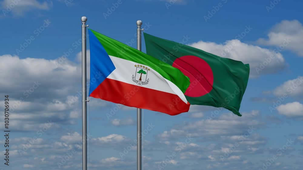 Bangladesh and Equatorial Guinea flags flying together, video concept of the relationship, two country relations concept Bangladesh and Equatorial Guinea flags flying together, video concept of the relationship, two country relations concept