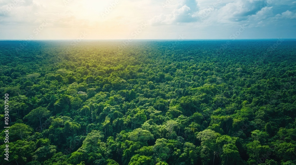 Aerial view of the Amazon rainforest canopy with a wide, clear sky for copy space Aerial view of the Amazon rainforest canopy with a wide, clear sky for copy space