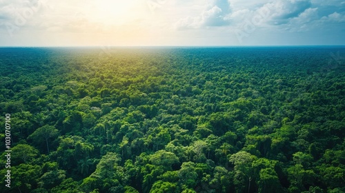 Aerial view of the Amazon rainforest canopy with a wide, clear sky for copy space