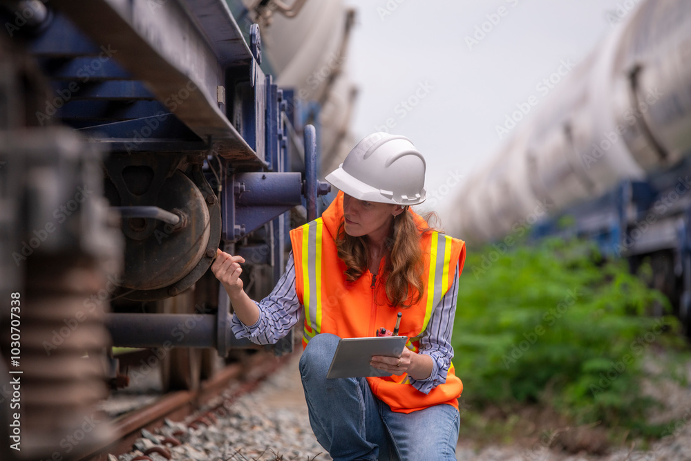 Engineer railway engaged in discussion or inspection maintenance work greenery and gas or oil power industrial or transportation setting in the rail train import export logistics industry concept. Engineer railway engaged in discussion or inspection maintenance work greenery and gas or oil power industrial or transportation setting in the rail train import export logistics industry concept.