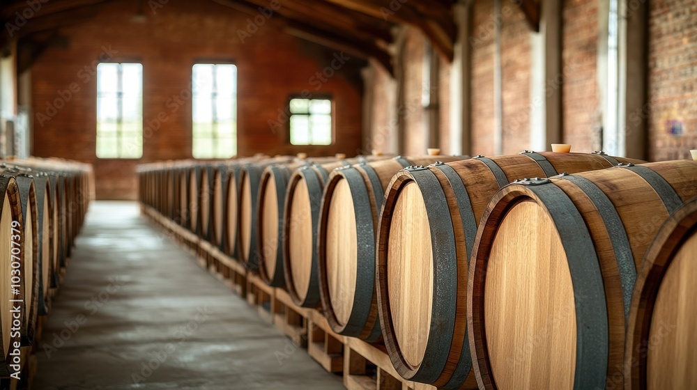 Rows of wooden barrels, perfectly aligned in a rustic warehouse, with a background of exposed brick and soft natural light. Rows of wooden barrels, perfectly aligned in a rustic warehouse, with a background of exposed brick and soft natural light.