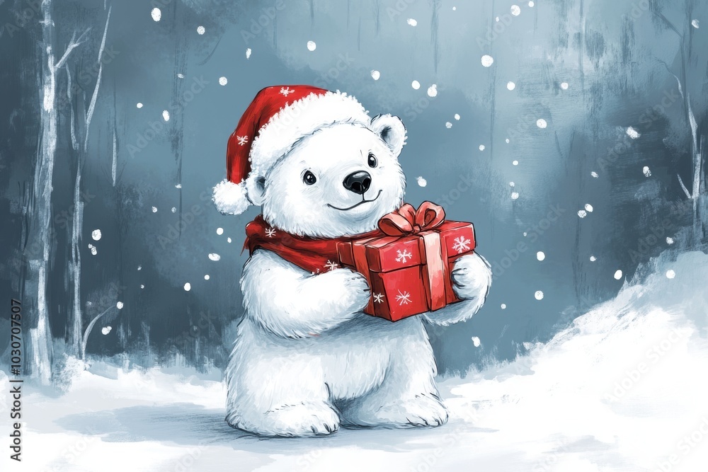 winter wildlife illustration, charming holiday card featuring a festive polar bear in a santa hat and scarf, distributing gifts in a snowy forest winter wildlife illustration, charming holiday card featuring a festive polar bear in a santa hat and scarf, distributing gifts in a snowy forest