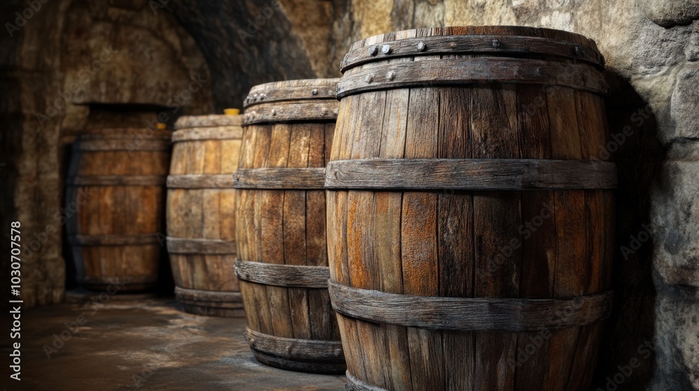 Rows of wooden barrels, weathered and aged, lined up in a rustic cellar with a stone wall background, creating a warm, vintage atmosphere. Rows of wooden barrels, weathered and aged, lined up in a rustic cellar with a stone wall background, creating a warm, vintage atmosphere.