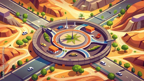 Aerial view of roundabout in desert