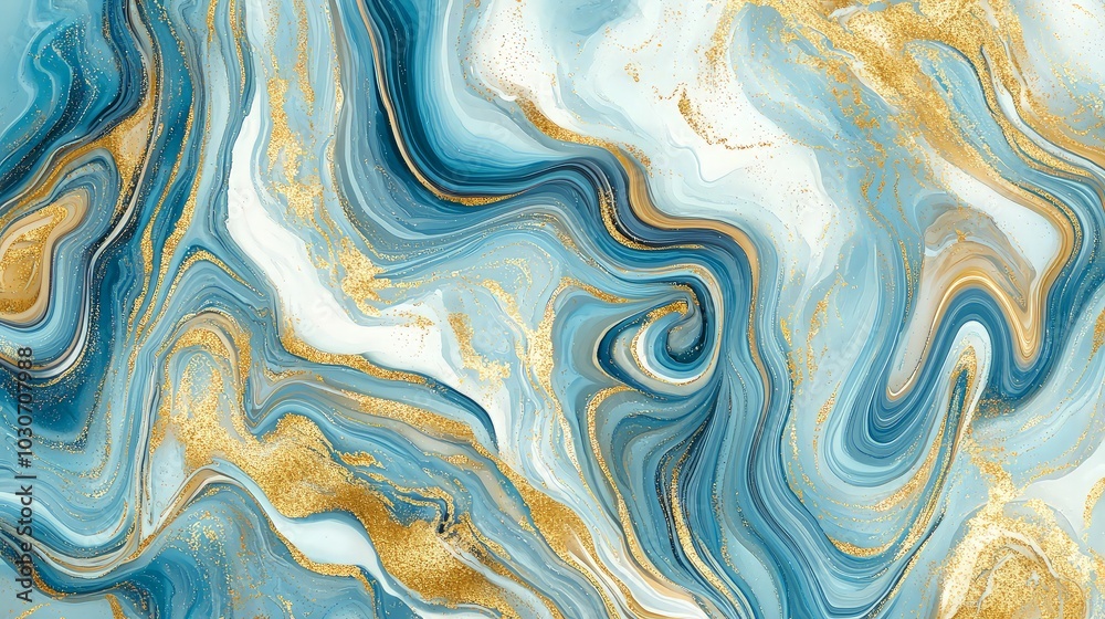 Obraz premium Abstract blue and gold marbled background with flowing liquid patterns and glittery textures.