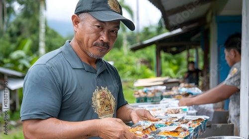 Humanitarian aid distribution of food water and other essential resources to affected communities in the aftermath of a natural disaster photo