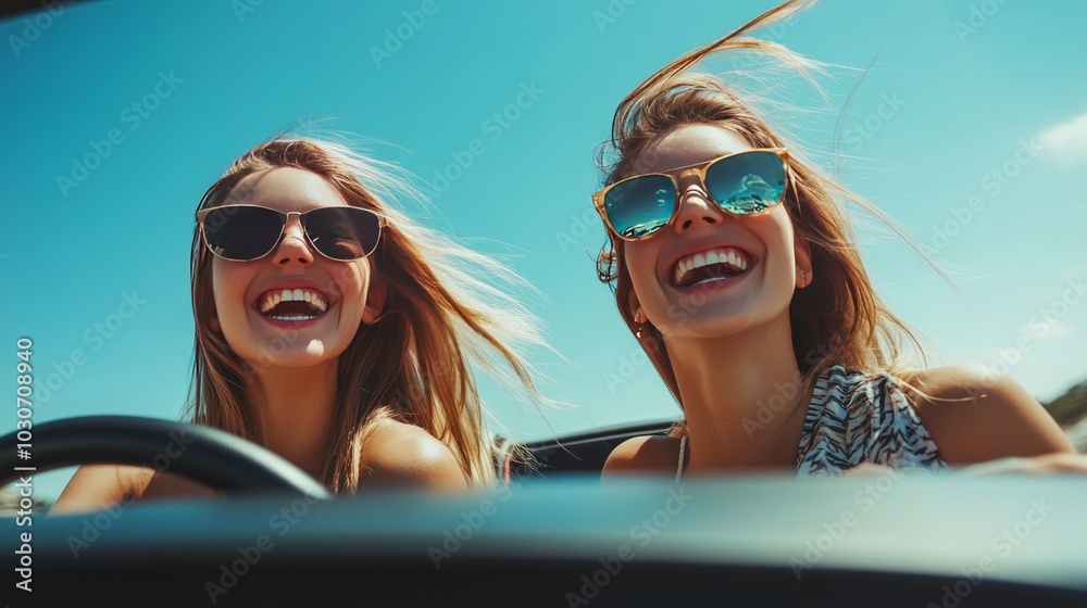 A convertible automobile is carrying two contented young ladies who are grinning and having a good time. They're having a blast and sporting sunglasses.