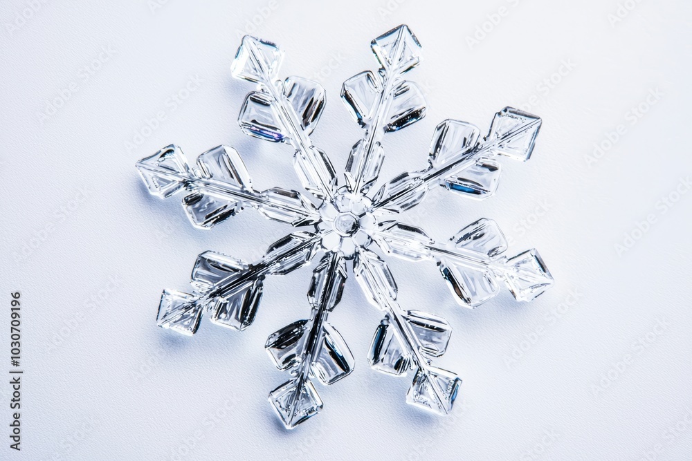 A close-up of a delicate snowflake, its intricate crystalline structure perfectly isolated on a white background A close-up of a delicate snowflake, its intricate crystalline structure perfectly isolated on a white background