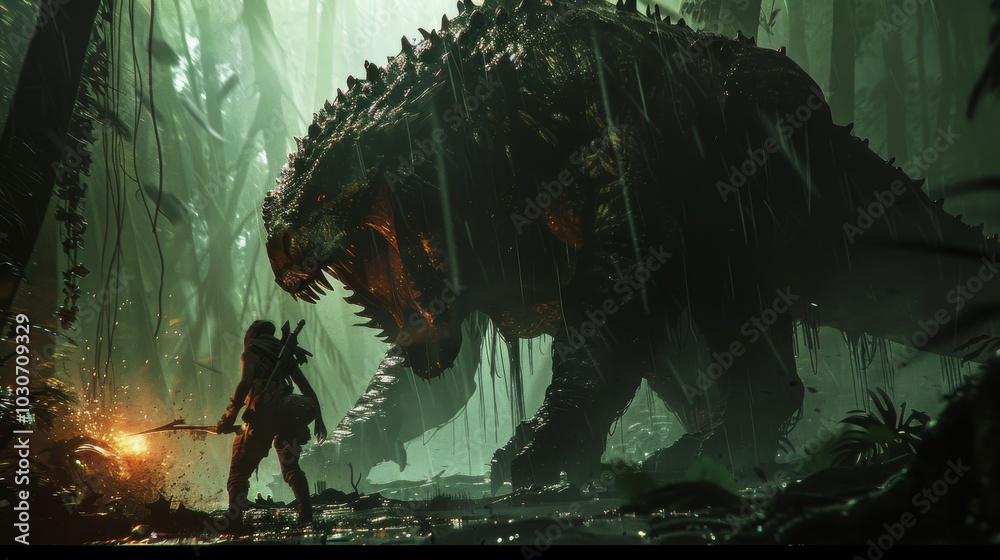 Epic battle scene featuring a hero clashing with a massive scaled beast in a rich, enchanted woodland Epic battle scene featuring a hero clashing with a massive scaled beast in a rich, enchanted woodland