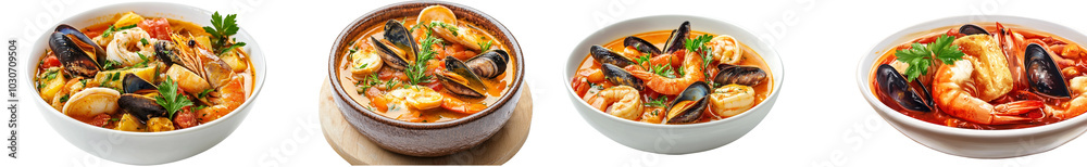 A Delicious Array of Seafood Dishes Presented in Elegant Bowls Ideal for Gourmet Promotions or Culinary Advertisements A Delicious Array of Seafood Dishes Presented in Elegant Bowls Ideal for Gourmet Promotions or Culinary Advertisements