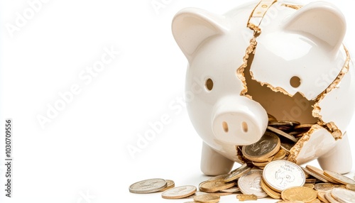 A close-up of a piggy bank, cracked open with coins spilling out, isolated on a white background photo