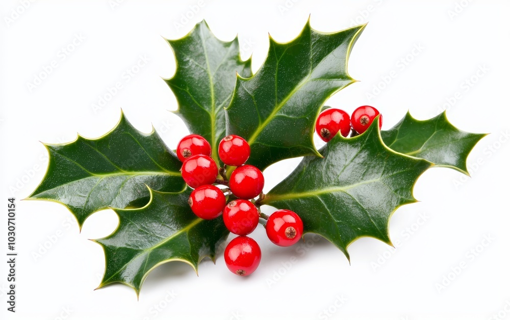 A cluster of holly leaves and bright red berries, isolated on a clean white surface