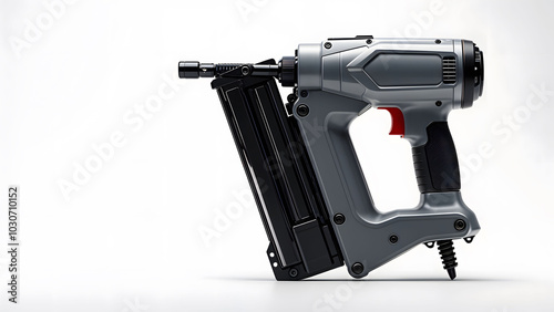 A pneumatic nail gun with a sleek design, equipped with a nail magazine and safety mechanism, isolated on a white background, ideal for construction tools
