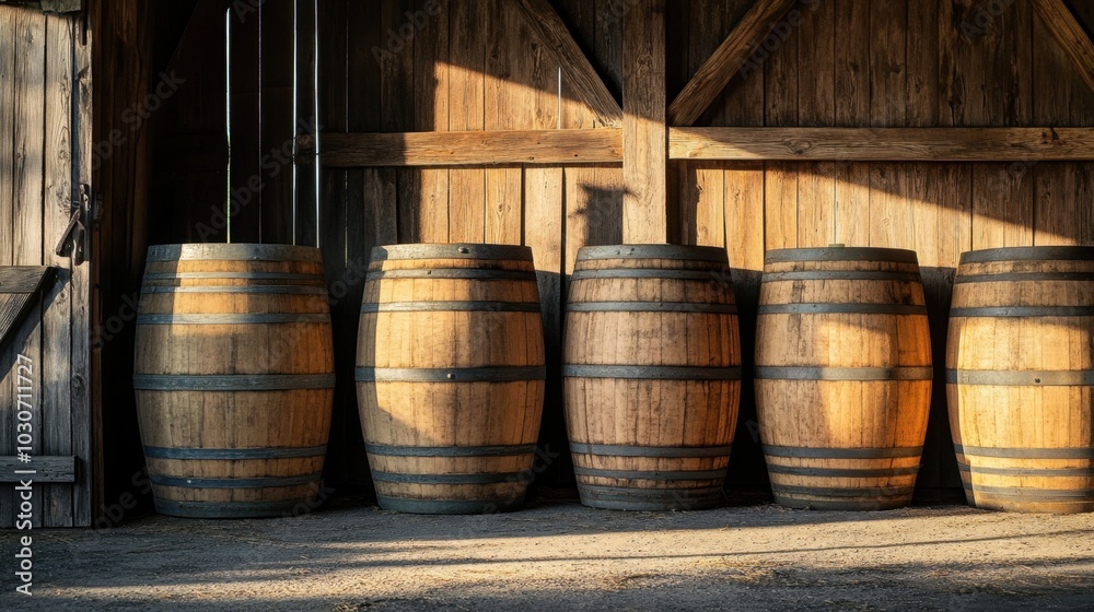 Stacked wooden barrels in a row, set against a rustic barn background, with warm sunlight casting shadows through open doors. Stacked wooden barrels in a row, set against a rustic barn background, with warm sunlight casting shadows through open doors.