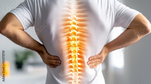 A man holding his back in pain, with the spine highlighted in orange, symbolizing lower back issues or discomfort..