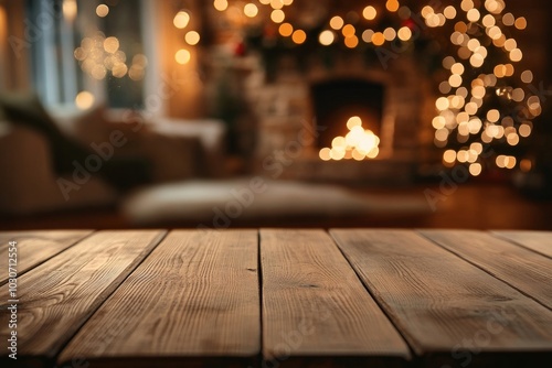 Wooden table top fireplace background christmas. photo