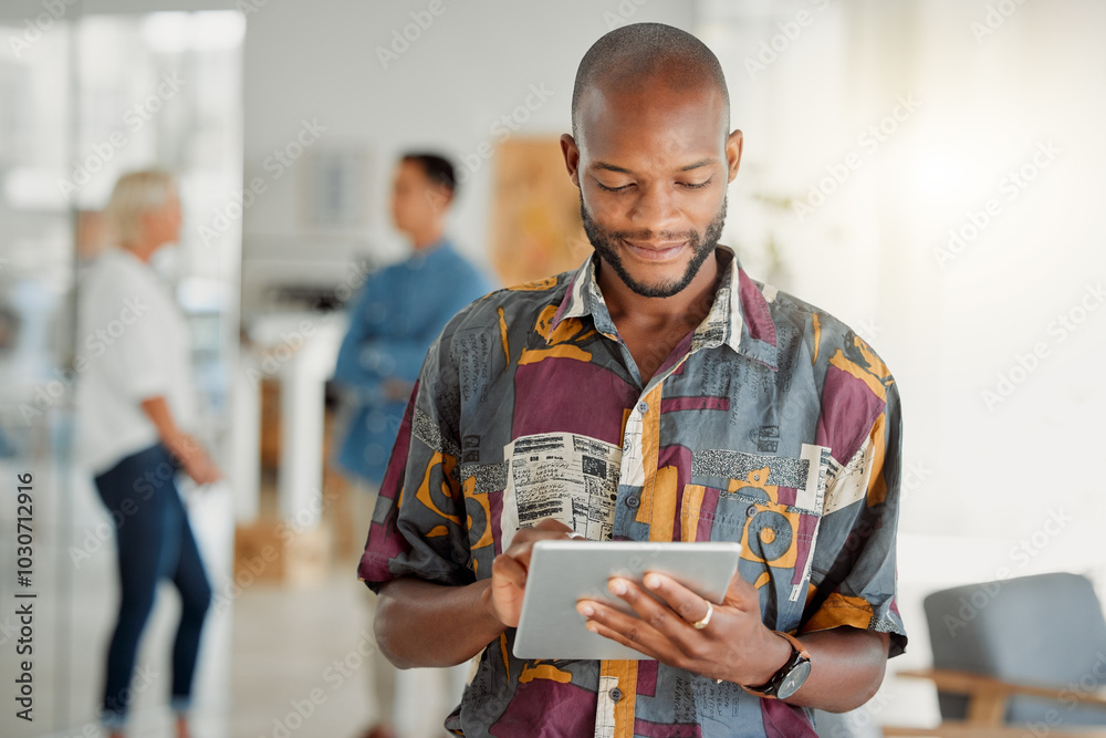 Fototapeta premium Business, typing and black man in office, tablet and internet with social media, network and digital app. Person, employee and journalist with technology, communication and online reading for article