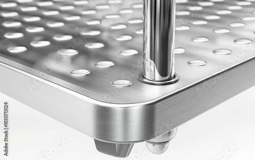 A detailed close-up of a metal ladder with rubber feet, isolated on a white background photo