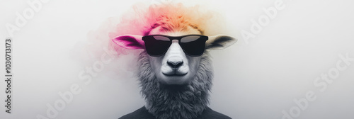 A sheep with sunglasses and colorful hair, looking cool.