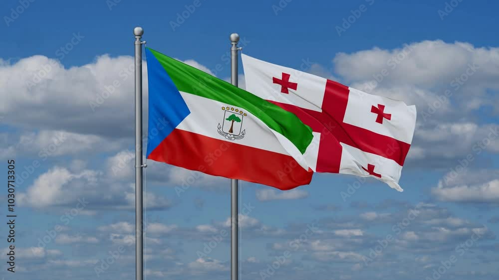 Georgia and Equatorial Guinea flags flying together, video concept of the relationship, two country relations concept Georgia and Equatorial Guinea flags flying together, video concept of the relationship, two country relations concept