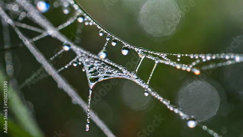 macro view of raindrops on a spider web, reflecting tiny rainbows against a blurred natural background