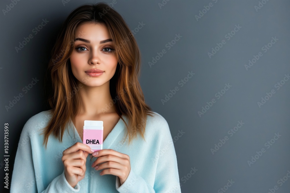 Woman Holding DHEA Supplement Against Gray Background: Wellness, Health, and Anti-Aging Concept in Modern Stock Photography Woman Holding DHEA Supplement Against Gray Background: Wellness, Health, and Anti-Aging Concept in Modern Stock Photography