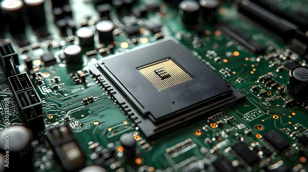 Close-up of a microprocessor on a circuit board.