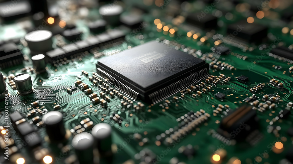 Close-up of a circuit board with a microchip and electronic components. Close-up of a circuit board with a microchip and electronic components.