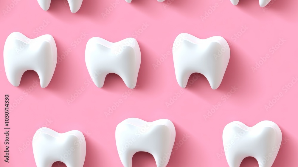 A repeating pattern of white tooth models arranged on a pink background, symbolizing dental care and oral health themes.. A repeating pattern of white tooth models arranged on a pink background, symbolizing dental care and oral health themes..