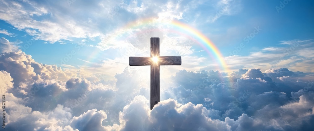 A wooden cross rises above the clouds with a bright rainbow in the sky, symbolizing faith, hope, and the promise of peace and salvation.. A wooden cross rises above the clouds with a bright rainbow in the sky, symbolizing faith, hope, and the promise of peace and salvation..