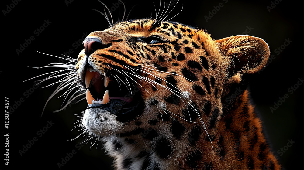 Obraz premium A fierce leopard roaring with a dramatic expression.