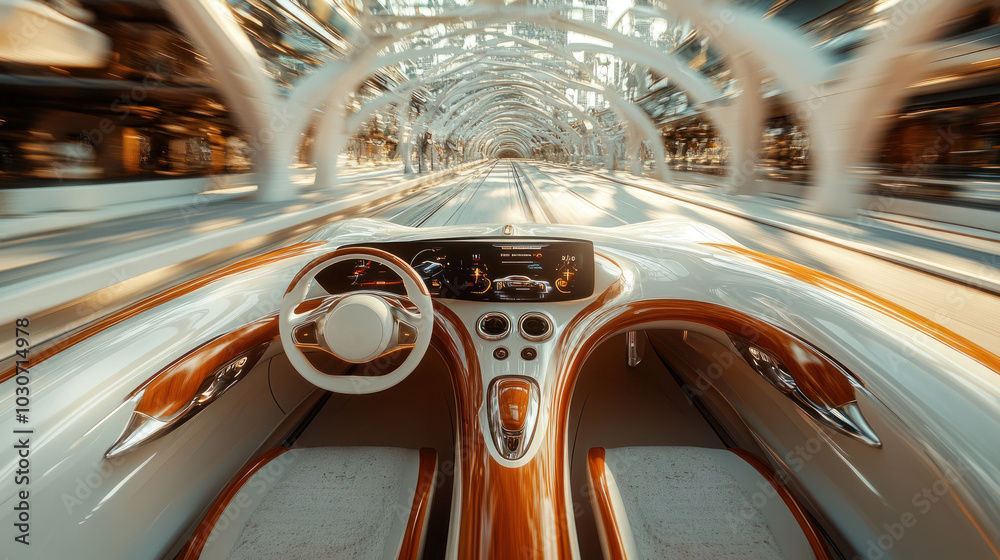 Fototapeta premium Warm tones in futuristic car room with motion blur.