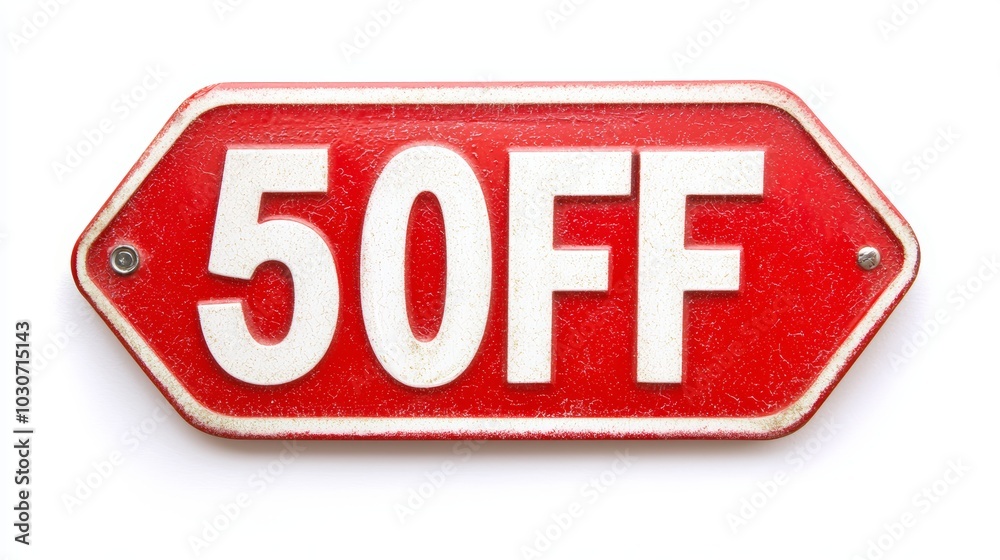 Red discount sign displaying '50% OFF' for promotional sales. Red discount sign displaying '50% OFF' for promotional sales.