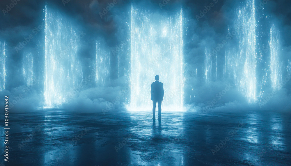 Man facing glowing water portals in mystical setting Man facing glowing water portals in mystical setting