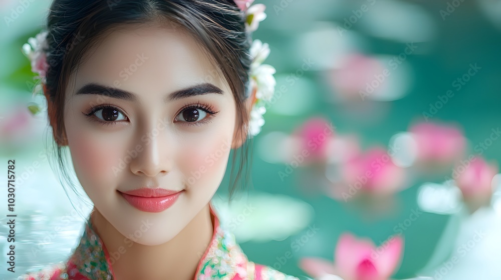 Elegant woman in vibrant traditional Thai clothing standing beside a tranquil lotus pond with soft morning light reflecting off the floating flowers and water s surface