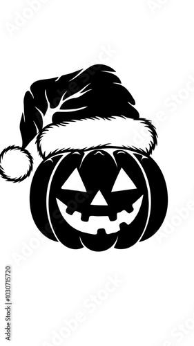 A halloween pumpkin, with a Christmas hat , black and white svg ,vector Generative AI