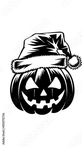A halloween pumpkin, with a Christmas hat , black and white svg ,vector Generative AI