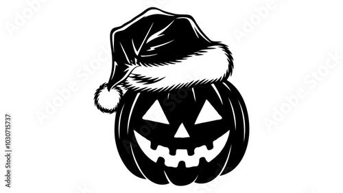 A halloween pumpkin, with a Christmas hat , black and white svg ,vector Generative AI