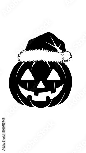 A halloween pumpkin, with a Christmas hat , black and white svg ,vector Generative AI