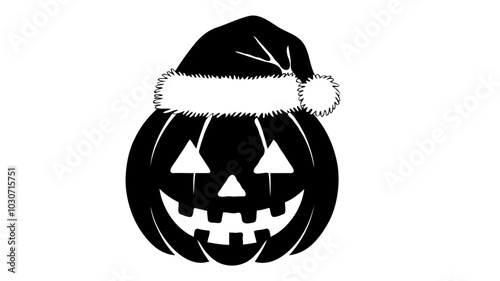 A halloween pumpkin, with a Christmas hat , black and white svg ,vector Generative AI