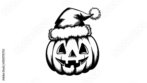 A halloween pumpkin, with a Christmas hat , black and white svg ,vector Generative AI