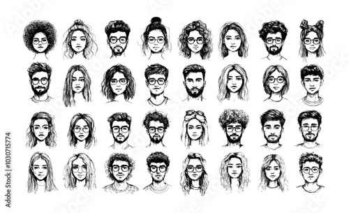 Human faces portraits black Ink sketch vector set. Young man woman glasses curly hairstyles heads avatars boys girls hipster hand drawn characters, outline monochrome isolated illustrations