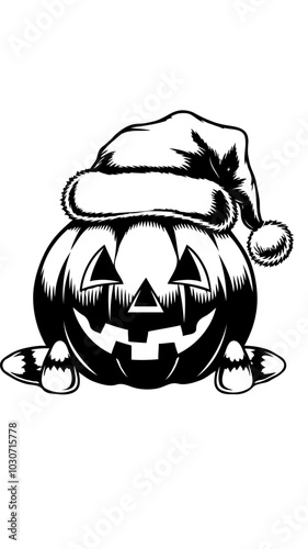 A halloween pumpkin, with a Christmas hat , black and white svg ,vector Generative AI