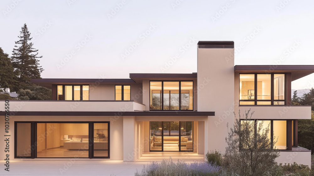 Modern home with large windows and a sleek design. Modern home with large windows and a sleek design.