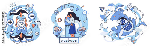 Mindset. Positive scene with a parent and child hugging, surrounding icons of health, creativity, and balance. Ideal for promoting positivity, mental health, family love, self-care, and emotional