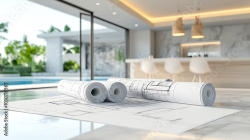Modern kitchen interior with blueprints and pool view
